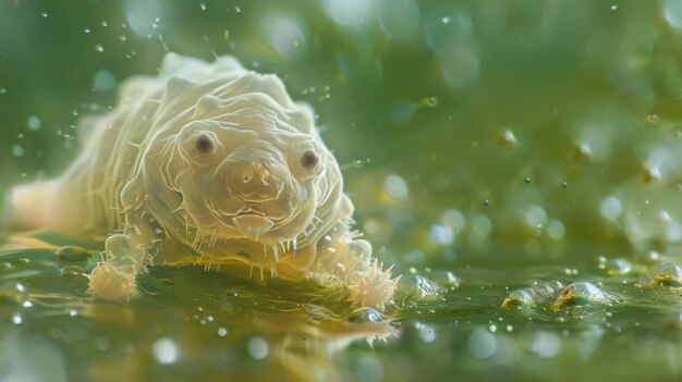 Foto a de tardígrados é mostrado em uma imagem microscópica flutuando em uma piscina de água apesar do aparentemente