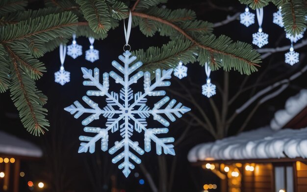 A decoração de flocos de neve brilhantes brilha na árvore escura.