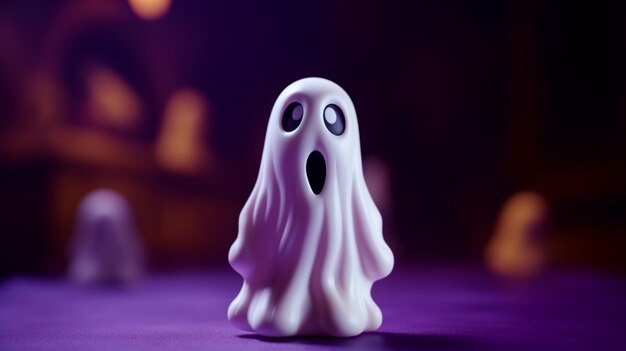 A decoração engraçada do Halloween do fantasma branco aparece contra o fundo roxo profundo