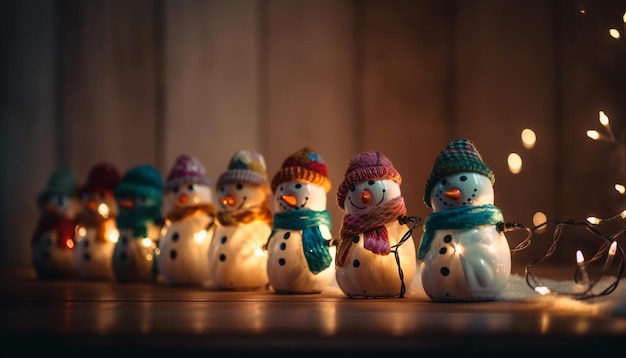 A decoração fofa do boneco de neve ilumina a mesa na noite de inverno gerada pela IA