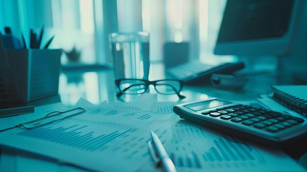 Foto a desk featuring a calculator pen and glasses for work or studying purposes generative ai