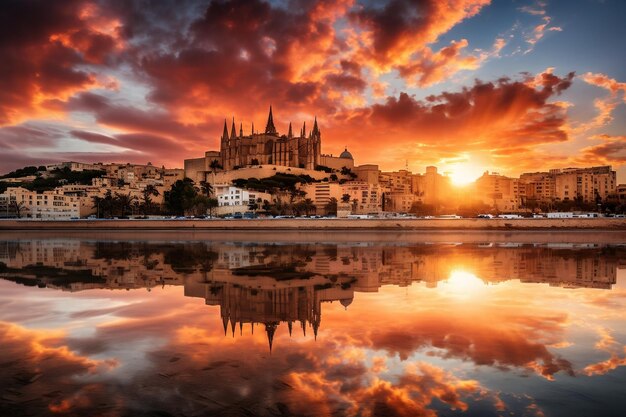 A deslumbrante vista do pôr do sol da Catedral de La Seu em Palma de Mallorca Generative Ai