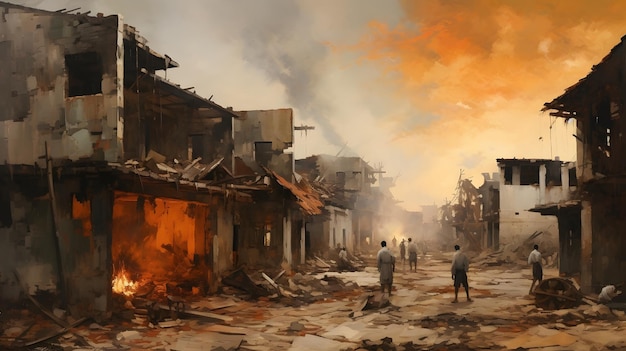 A devastação e o desenraizamento causados pelas batalhas coloniais são retratados em uma imagem Generative AI