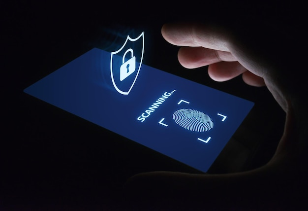 A digitalização de impressão digital fornece acesso de segurança com identificação biométrica Conceito de Internet de segurança de tecnologia de negócios