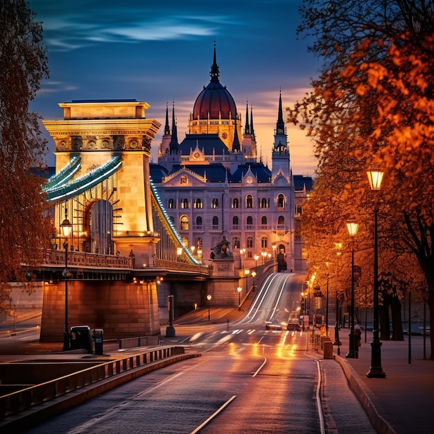 A dinâmica paisagem urbana de Budapeste ao anoitecer