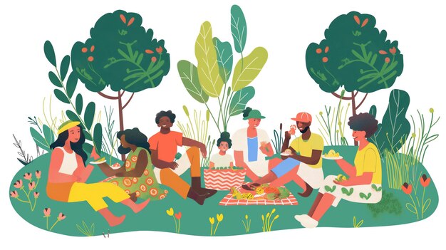 Foto a diverse group of friends enjoying a picnic in a lush park with trees plants and a food spread