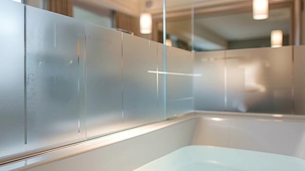 A divisória de vidro entre a banheira e o resto da casa de banho é feita de vidro esmaltado