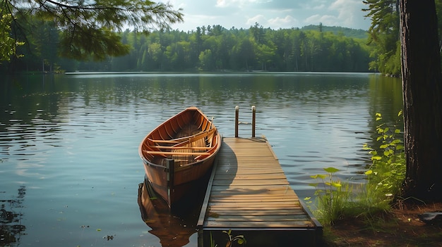 A doca de madeira se projeta para o lago quieto cercado por árvores verdes exuberantes uma canoa está amarrada à doca balançando suavemente nas ondas