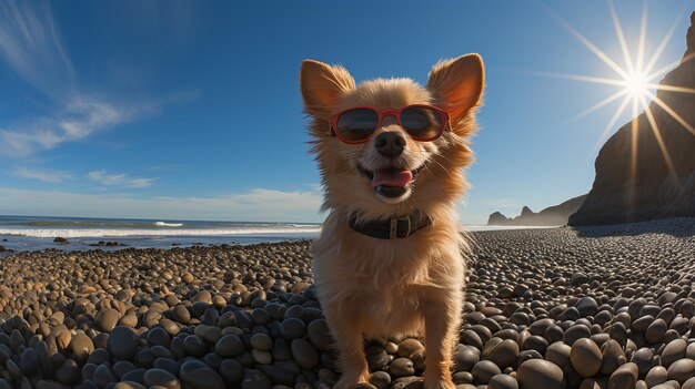 a_dog_standing_on_the_beach_wearing_sunglasses