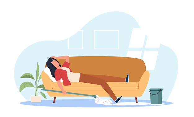 A dona de casa cansada deita-se no sofá exausta por limpar a casa. A mulher chateada. A governanta cansada das tarefas domésticas. A mulher preguiçosa relaxa. O conceito de vetor isolado de estilo plano de desenho animado.