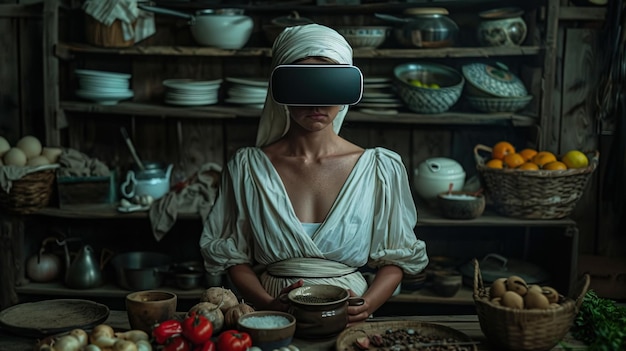 A dona de casa moderna navega por aventuras culinárias com óculos de realidade virtual que misturam tradições