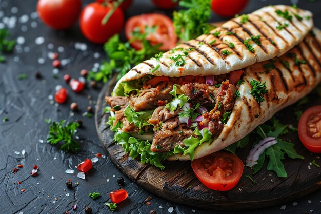 Foto a doner kebab em um fundo escuro