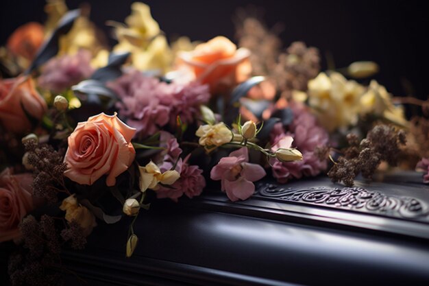 A dor capturada de perto das flores funerárias num caixão solene