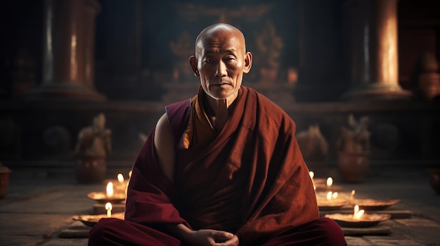 A dramática meditação do monge tibetano no templo.