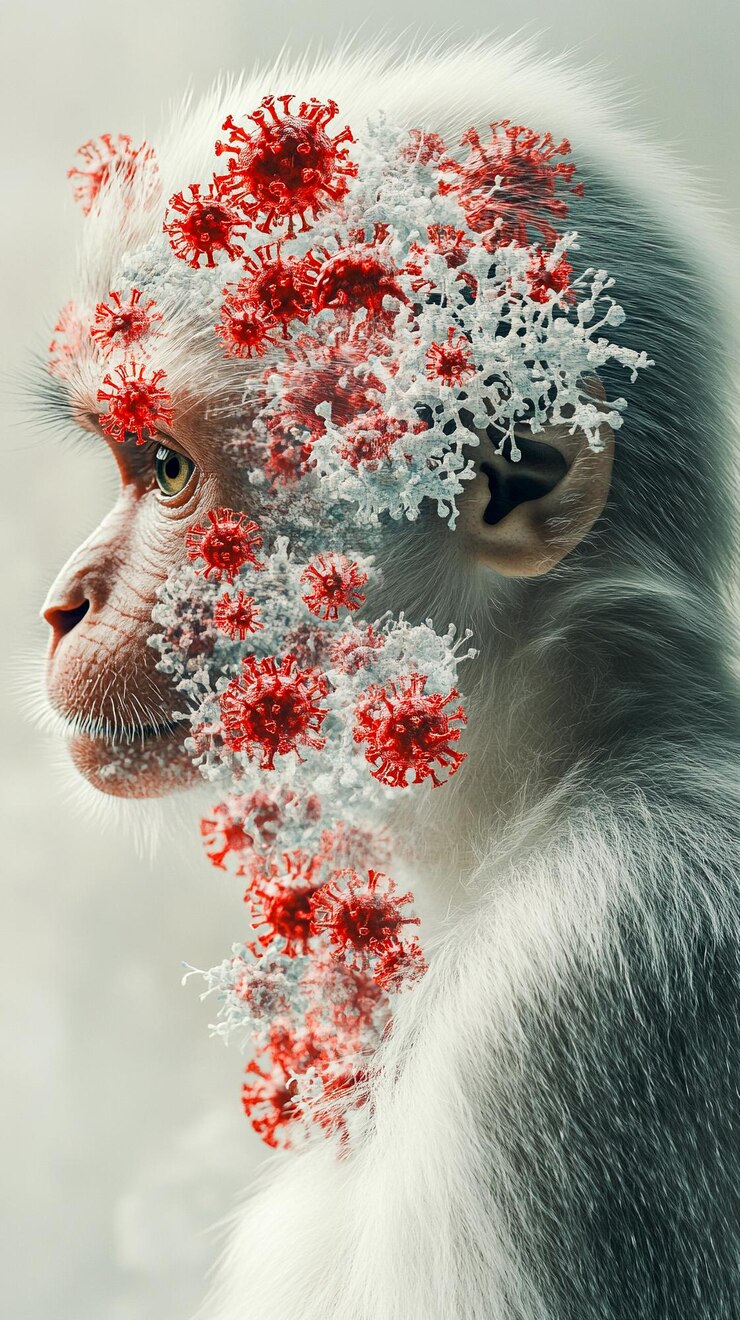 Foto a dupla exposição combina a presença natural do macaco com a visualização microscópica do vírus