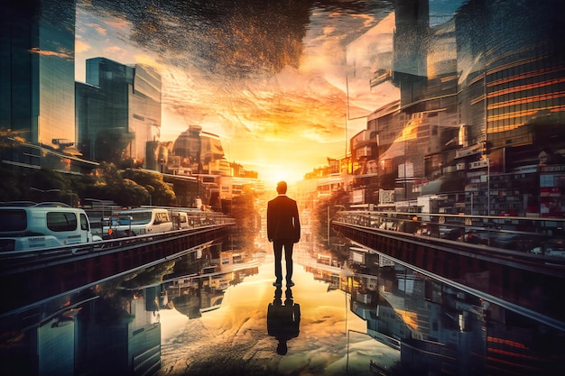 A dupla exposição de um homem de negócios durante o nascer do sol e uma paisagem urbana transmite a interconexão da vida urbana empresarial e da tecnologia