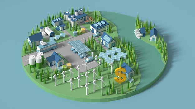 A ecologia de casas movidas a energia solar é um conceito de economia de energia para obter energia gratuita do sol Renderização em 3D de cidade inteligente ecológica