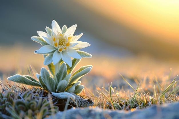 A Edelweiss desfrutando do esplendor do sol, irradiando um brilho quente em suas pétalas imaculadas