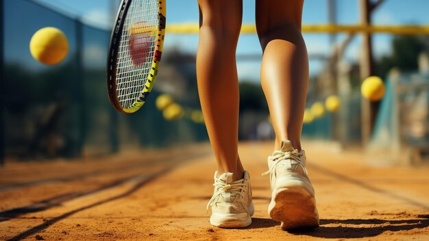 A elegância dinâmica das pernas do jogador de tênis em ação