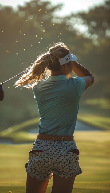 Foto a elegância e a concentração de uma golfista profissional. a sua forma perfeita contra o pano de fundo.