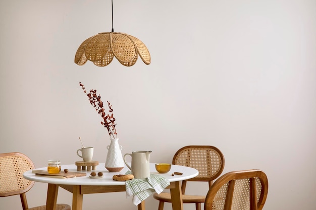 A elegante sala de jantar com mesa redonda, lâmpada de cadeira de vime e acessórios de cozinha Folha verde em vaso Parede bege Decoração para casa Modelo