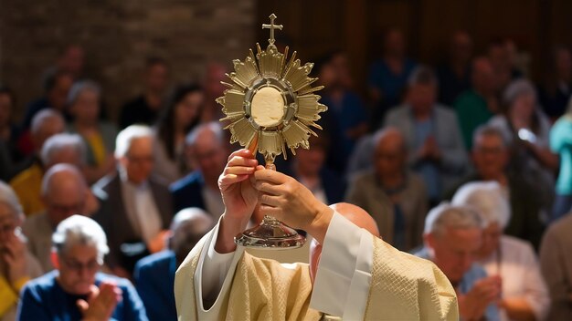 A elevação do pão sacramental durante a liturgia católica