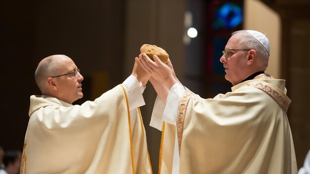 A elevação do pão sacramental durante a liturgia católica