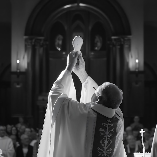 Foto a elevação do pão sacramental durante a liturgia católica