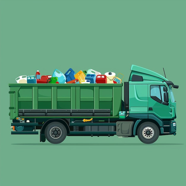 A Em um fundo verde um caminhão verde cheio de resíduos perigosos vector ilustração plana