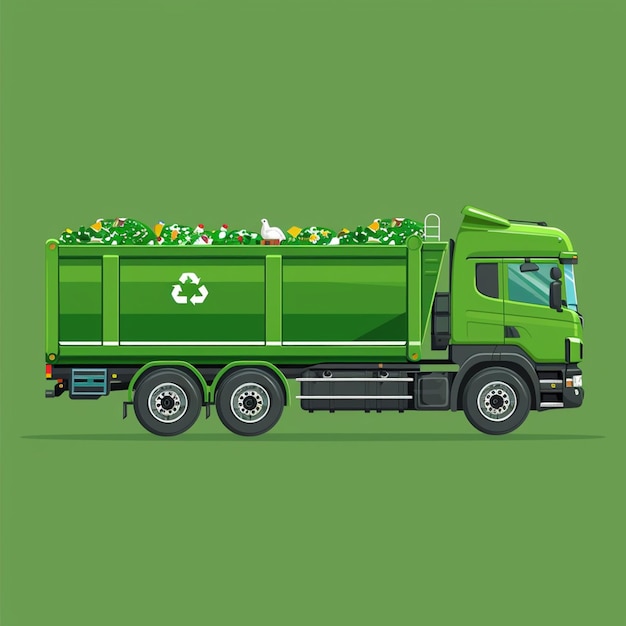 A Em um fundo verde um caminhão verde cheio de resíduos perigosos vector ilustração plana