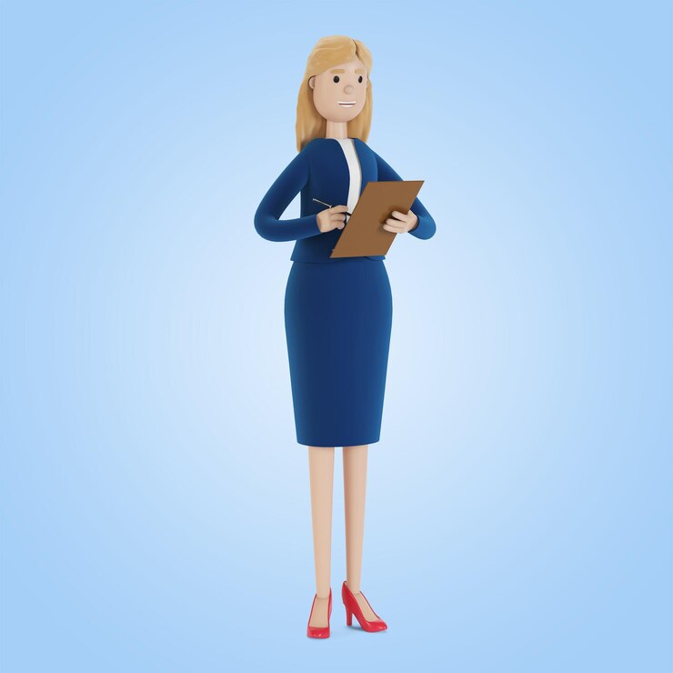 Foto a empresária assina os documentos. mulher em roupas de negócios, funcionária da empresa. ilustração 3d em estilo cartoon.