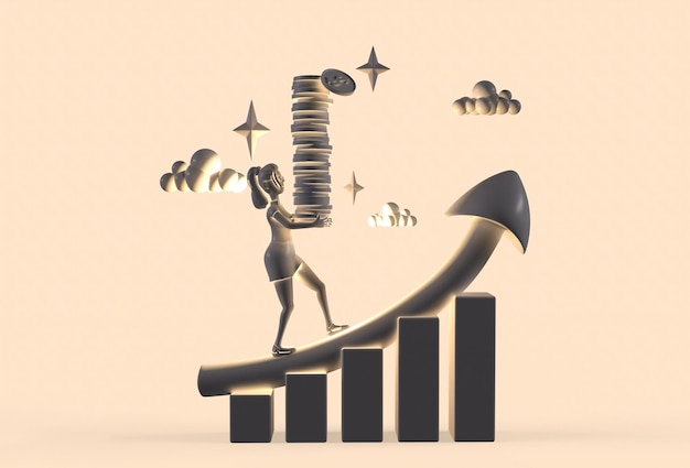 A empresária carrega uma pilha de moedas de dinheiro sobe o diagrama gráfico de crescimento 3drendering