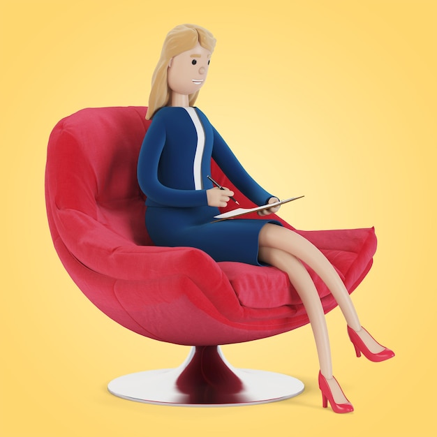 A empresária está sentada em uma linda poltrona vermelha. Ilustração 3D em estilo cartoon.