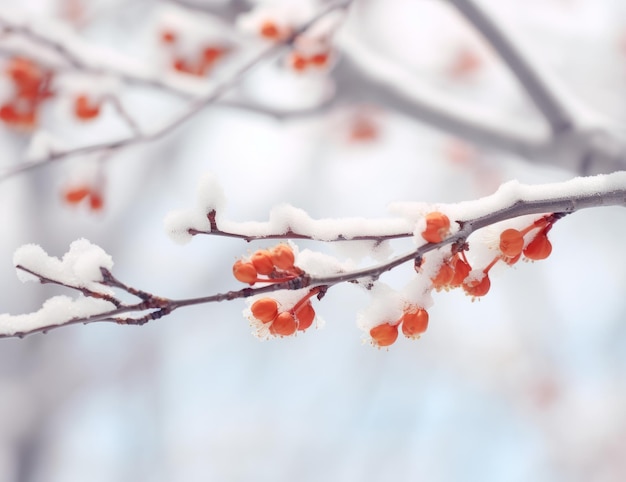 A encantadora beleza da natureza Um galho de árvore coberto de neve e flores em flor