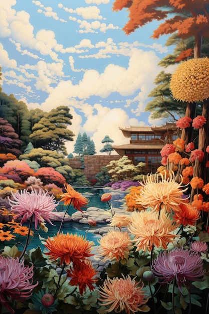 A encantadora harmonia Um jardim realista de crisantemos japoneses adornado com dourados púrpuras