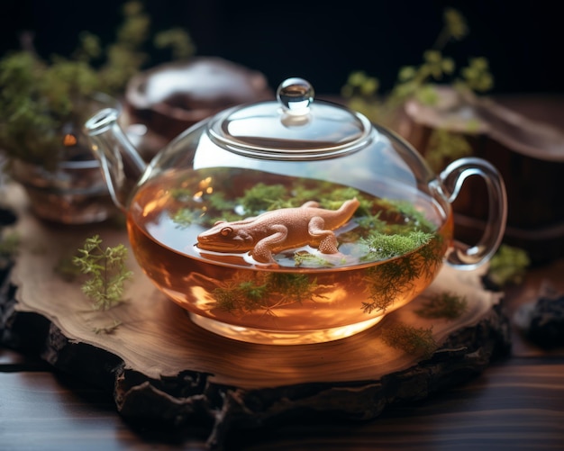 A encantadora harmonia uma estética calorosa e aconchegante com um axolotl flutuante e uma flor de chá em um claro