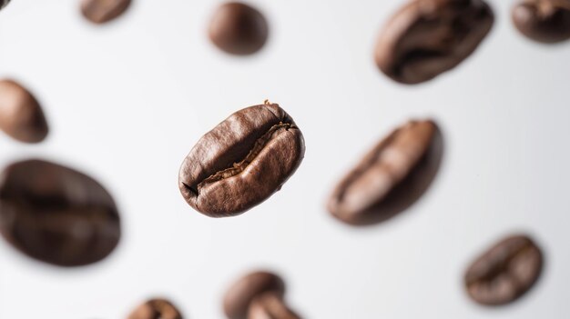 A encantadora ilusão de grãos de café levitando sobre um fundo branco