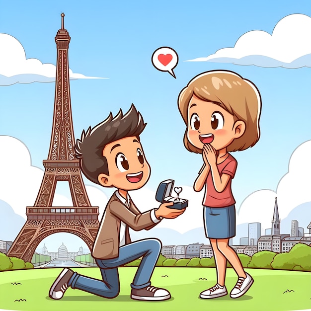 A encantadora proposta de casamento na Torre Eiffel capturada em uma ilustração animada