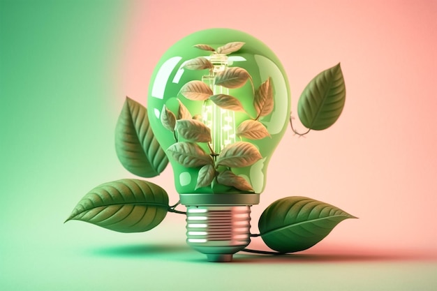 A energia verde emergiu da lâmpada verde com folhas ao seu redor