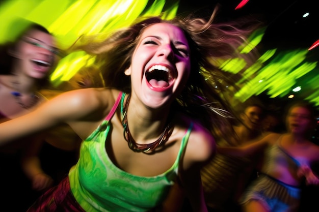 Foto a energia vibrante de uma boate lotada com luzes coloridas e música pulsante desfoque de movimento destacando os movimentos dinâmicos de dança de garotas e garotos bonitos generative ai