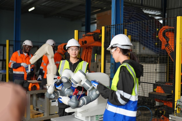 A engenheira verifica e controla a máquina de braços robóticos de automação em uma fábrica inteligente industrial em tempo real, robótica de software de sistema de monitoramento e operação de fabricação digital