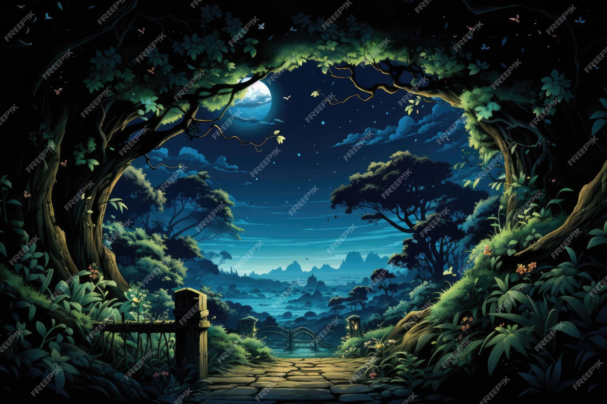 Floresta azul à noite, floresta de anime à noite papel de parede