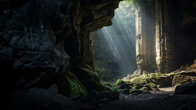 A entrada de uma caverna mística guardada por uma coluna dórica sugere segredos não contados dentro