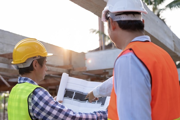 A equipa de engenheiros utiliza um portátil e verifica o projecto no local O empreiteiro e o inspector inspeccionam a construção durante o projecto Forman civil verifica a garantia da qualidade Auditoria inspecciona o controlo da qualidade