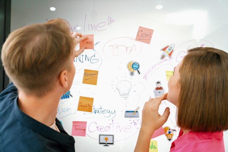 Foto a equipa de negócios criativa fez um brainstorming sobre a estratégia de marketing de closeup immaculate.