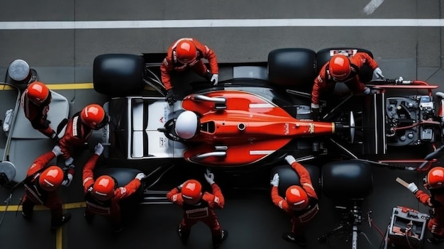 Foto a equipe de capacetes vermelhos está trabalhando em um carro de corrida.