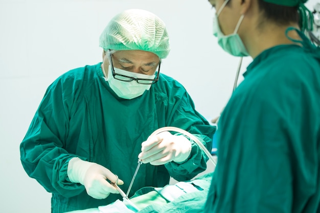 Foto a equipe de cirurgia trabalhando juntos na sala de cirurgia no hospital