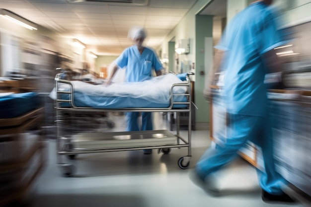 A equipe de emergência do hospital apressa o paciente no corredor da clínica IA generativa