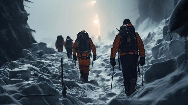 A equipe de resgate navega através de uma traiçoeira tempestade de neve à procura de pessoas desaparecidas enterradas em uma avalanche conceito de resposta de emergência