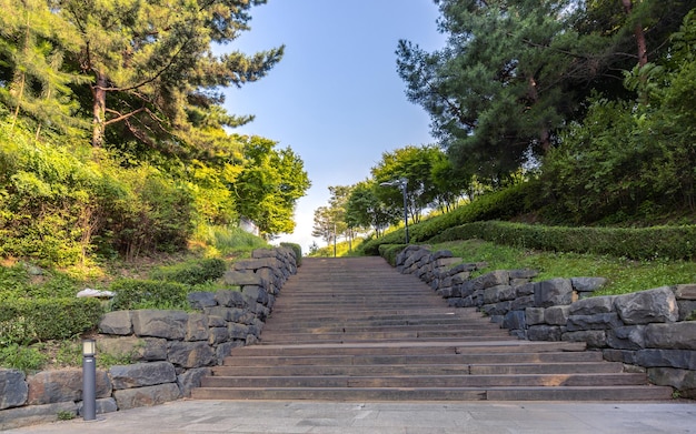 Foto a escada de entrada para o parque namsan, seul, coreia do sul um belo marco natural público